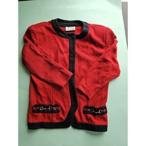 Jeffrey & Dara Red Knit Jacket With Black Trim Plaid Accent buckles. Size Large